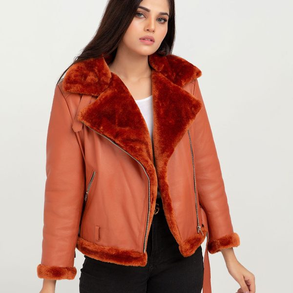 Kate Red-Orange Aviator Leather Jacket - Front