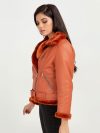 Kate Red-Orange Aviator Leather Jacket - Left