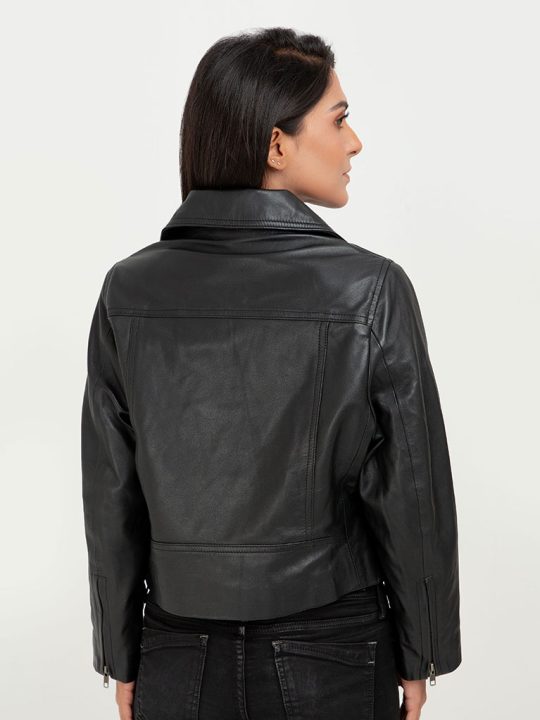 Lavina Sheen Black Leather Biker Jacket - Back