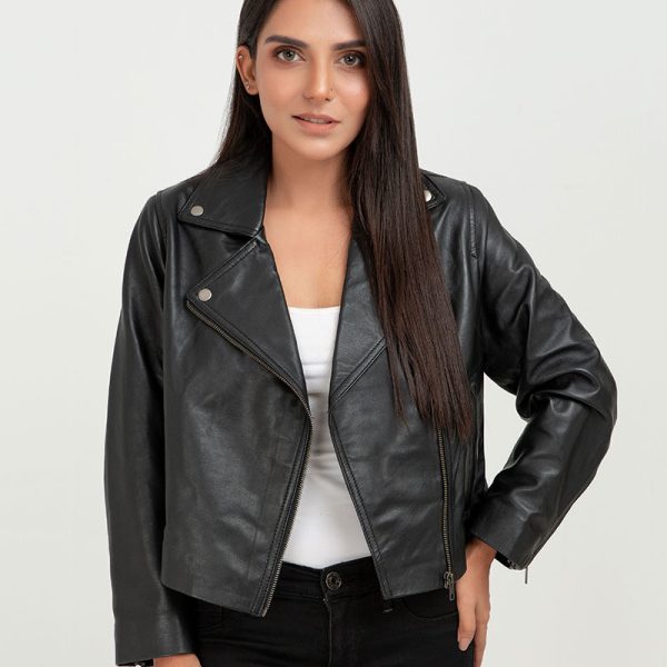 Lavina Sheen Black Leather Biker Jacket - Front