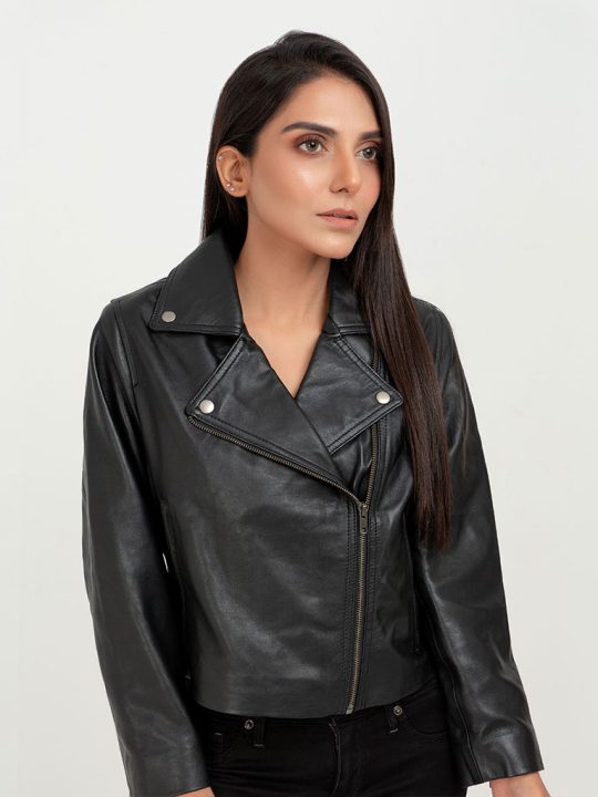 Lavina Sheen Black Leather Biker Jacket - Front Zipped