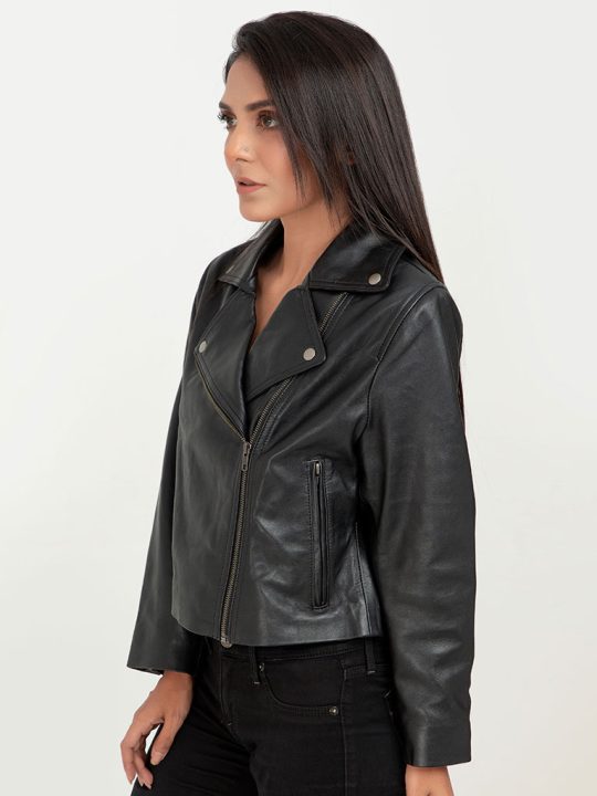 Lavina Sheen Black Leather Biker Jacket - Left