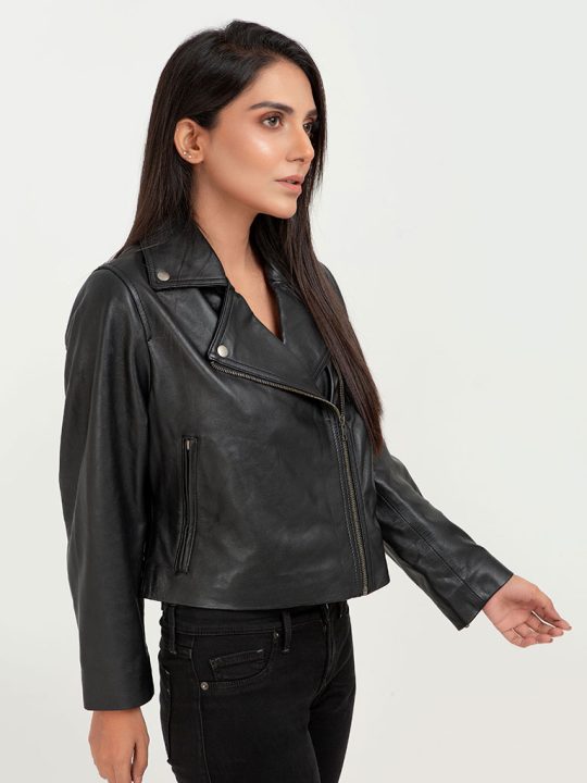 Lavina Sheen Black Leather Biker Jacket - Right