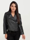 Lavina Sheen Black Leather Biker Jacket - Zipped