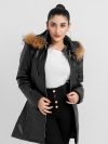 Mabel Fur Trim Quilted Black Leather Coat with Hood - Front