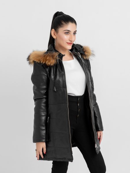 Mabel Fur Trim Quilted Black Leather Coat with Hood - Left