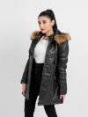Mabel Fur Trim Quilted Black Leather Coat with Hood - Right