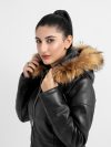 Mabel Fur Trim Quilted Black Leather Coat with Hood - Zoomed