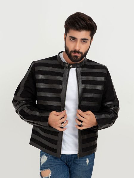 Matt Sheer Striped Black Leather Jacket - Front