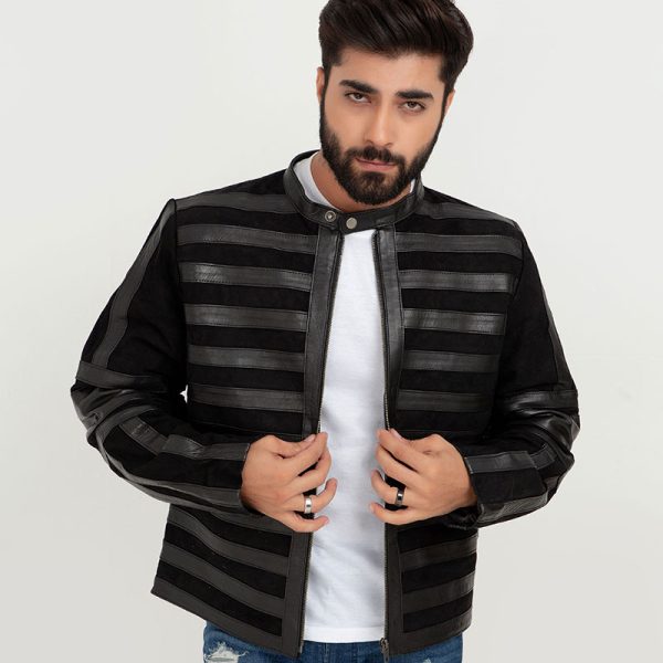 Matt Sheer Striped Black Leather Jacket - Front