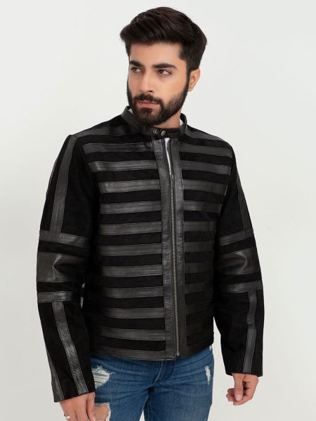 Matt Sheer Striped Black Leather Jacket - Zipped
