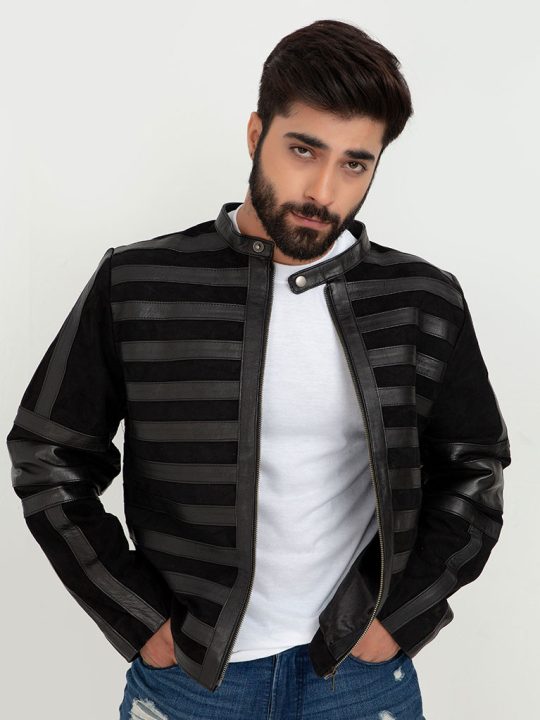 Matt Sheer Striped Black Leather Jacket - Zoom