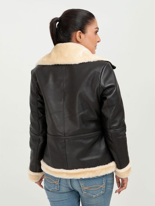 Nia High-Collar Black Leather Jacket - Back