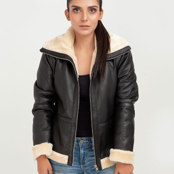 Nia High-Collar Black Leather Jacket - Front
