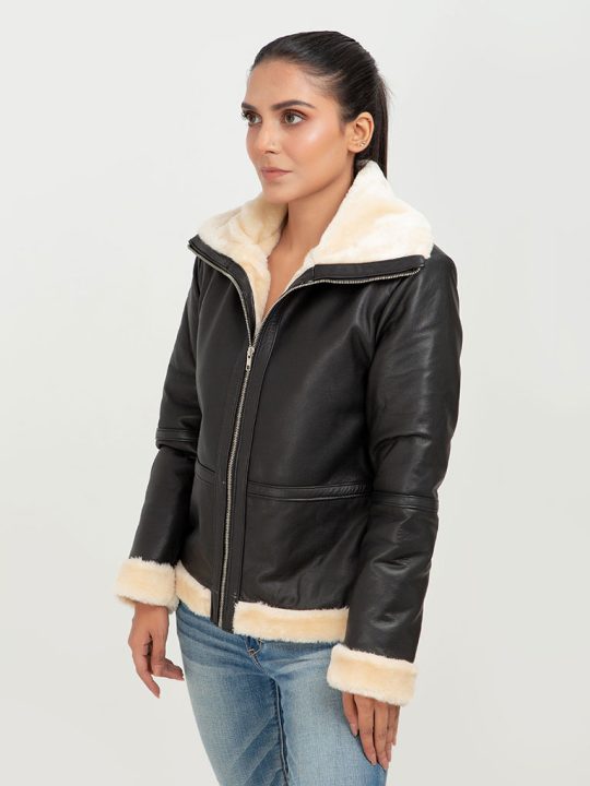 Nia High-Collar Black Leather Jacket - Left