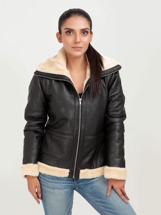 Nia High-Collar Black Leather Jacket - Zipped