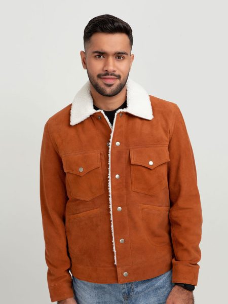 Novak Shearling Tan Suede Leather Jacket - Front Zipped