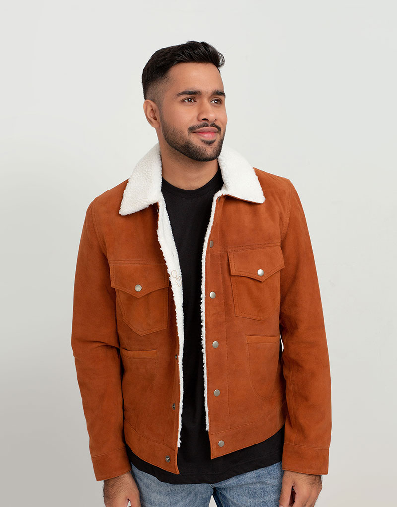 Buy Novak Shearling Tan Suede Leather Jacket - LeathersInn