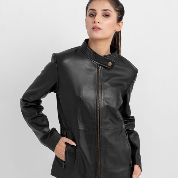 Prim-Rose Black Leather Biker Jacket - Zipped