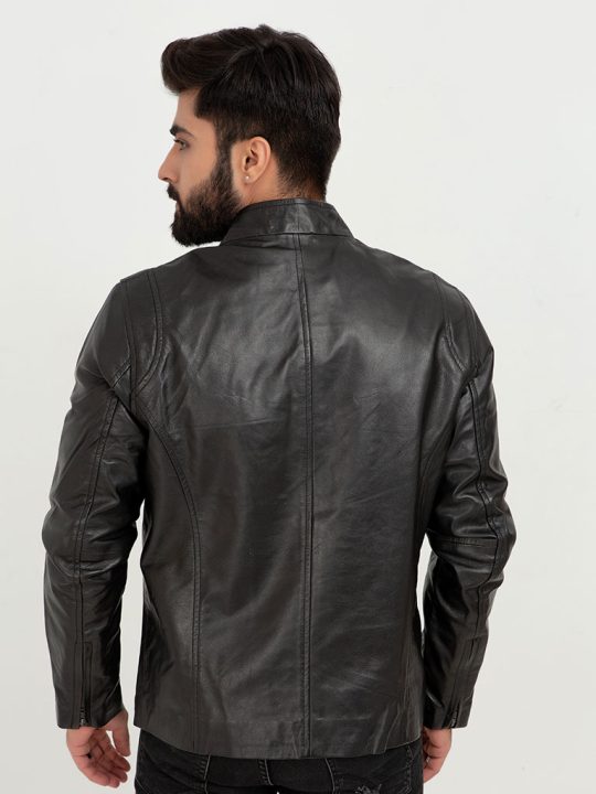 Raul Slim-Fit Ionic Black Leather Jacket - Back