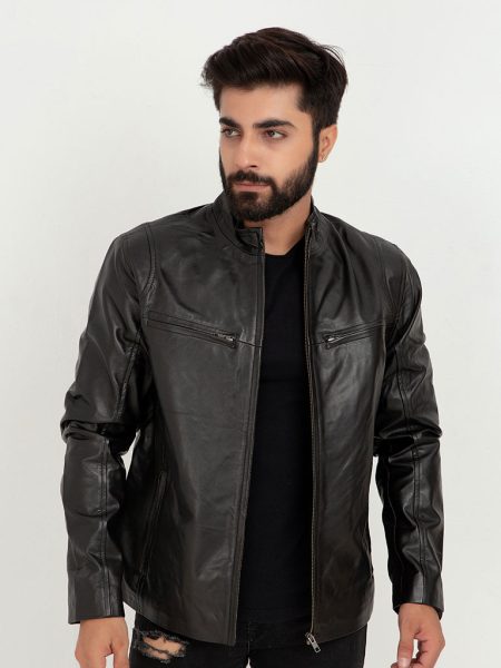 Raul Slim-Fit Black Leather Jacket - Front