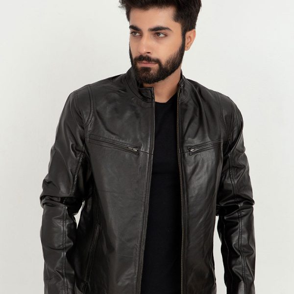Raul Slim-Fit Black Leather Jacket - Front