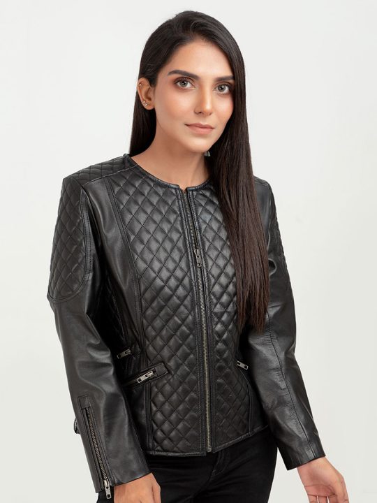Renaissance Quilted Black Leather Moto Jacket - Zoom