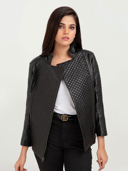 Roxette Quilted Black Slim Leather Jacket - Open