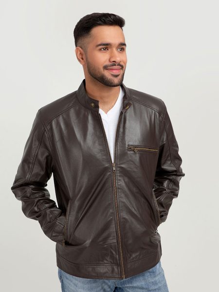 Ryerson Brown Leather Biker Jacket - Zipped