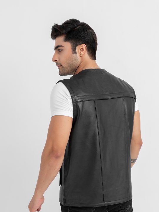 Safari Hunting Black Leather Handy Vest - Back