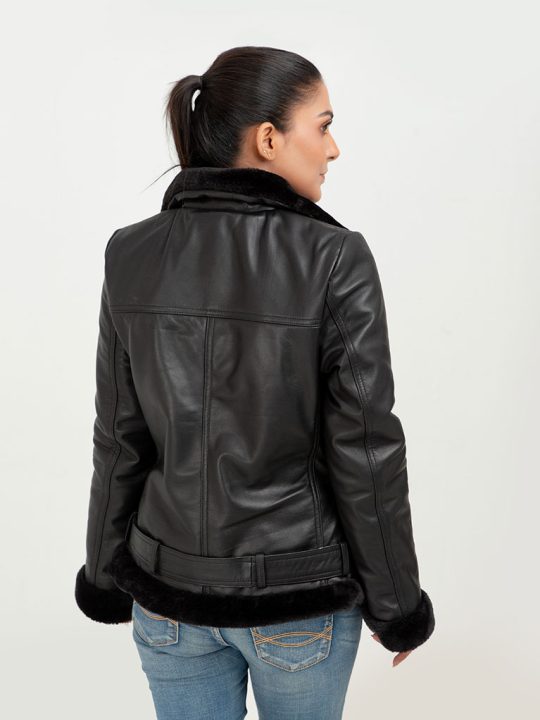 Serena Aviator Black Leather Jacket - Back