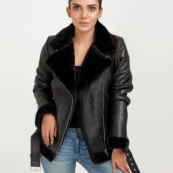 Serena Aviator Black Leather Jacket - Front