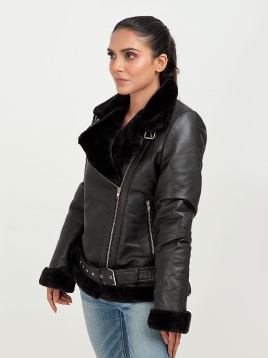 Serena Aviator Black Leather Jacket - Left