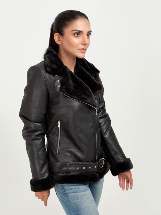 Serena Aviator Black Leather Jacket - Right