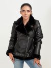 Serena Aviator Black Leather Jacket - Zipped