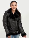 Serena Aviator Black Leather Jacket - Zoom