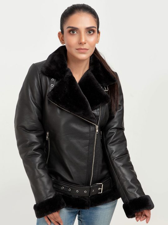 Serena Aviator Black Leather Jacket - Zoom