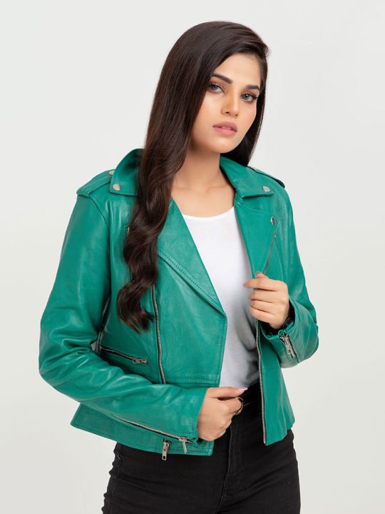 Serenity Greenish Cyan Biker Leather Jacket - Front