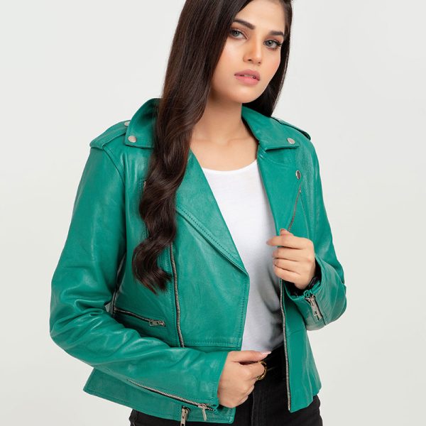 Serenity Greenish Cyan Biker Leather Jacket - Front