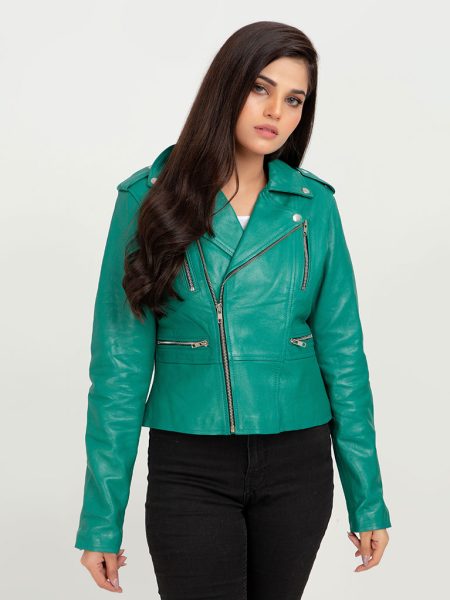 Serenity Greenish Cyan Biker Leather Jacket - Zipped