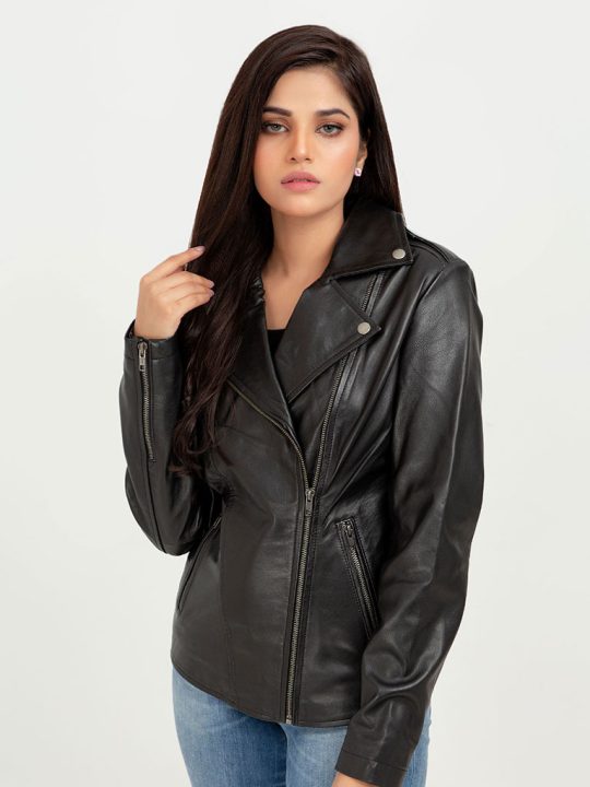 Sierra Black Leather Biker Jacket - Front