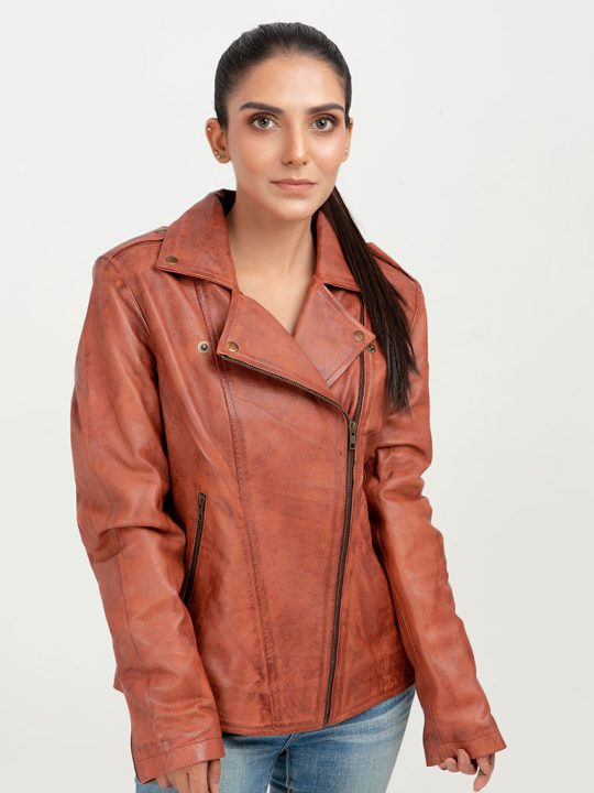 Sierra Brown Leather Biker Jacket - Zipped