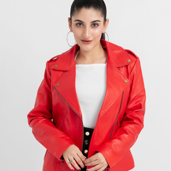 Sierra Red Leather Biker Jacket - Front