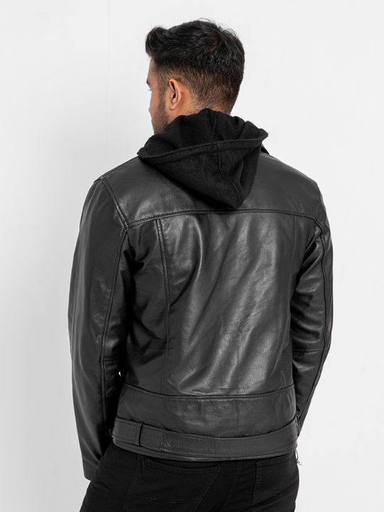 Sterling Blaze Black Leather Biker Jacket with Hood - Back