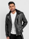 Sterling Blaze Black Leather Biker Jacket with Hood - Front