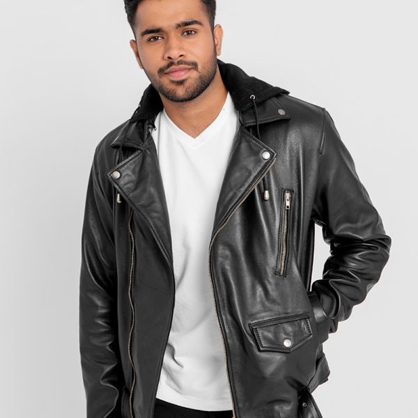 Sterling Blaze Black Leather Biker Jacket with Hood - Front