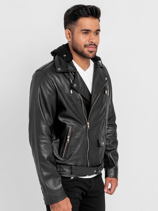 Sterling Blaze Black Leather Biker Jacket with Hood - Left