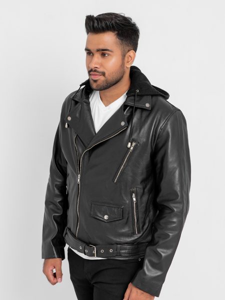 Sterling Blaze Black Leather Biker Jacket with Hood - Right