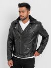 Sterling Blaze Black Leather Biker Jacket with Hood - Zipped