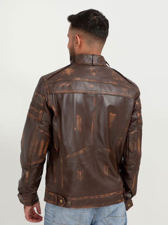 Theodore Elementary Brown Leather Cafe Racer Jacket - Back